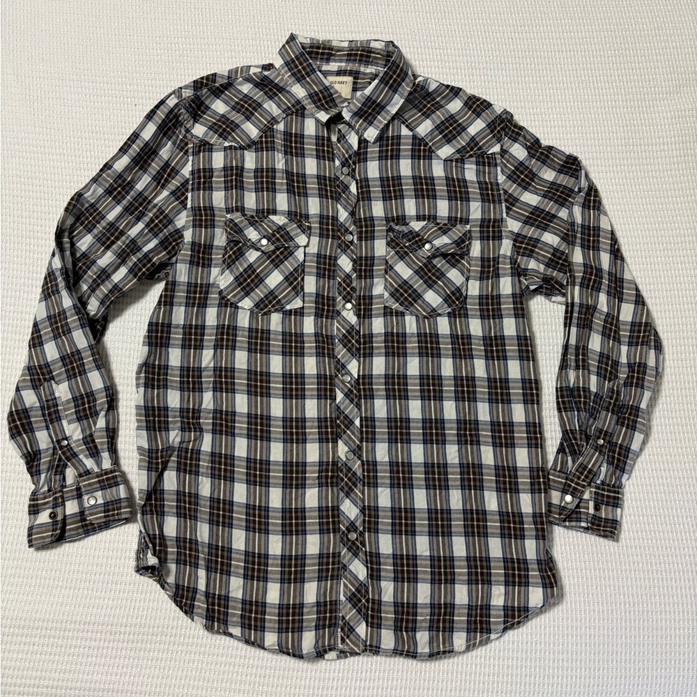 Old Navy Men's Blue and Brown Plaid Casual Shirt
